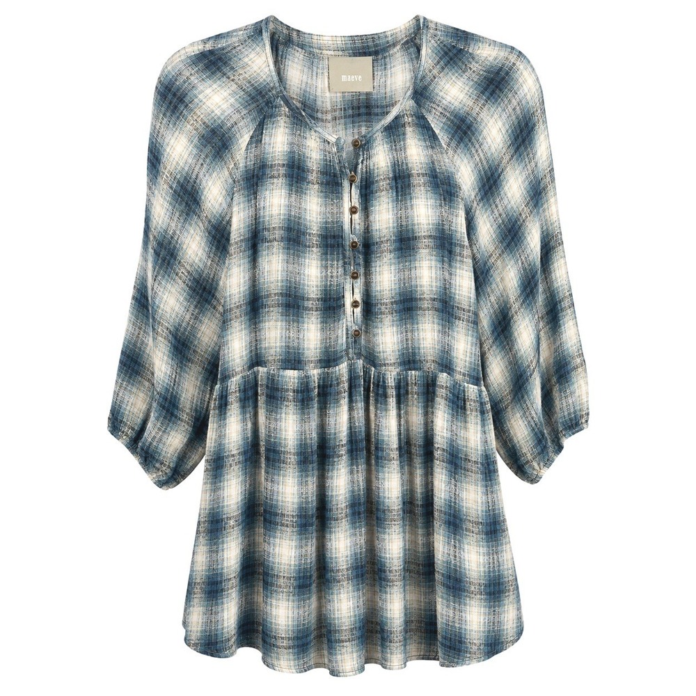 Maeve Plaid Babydoll Tunic Top Henley Button Front Blue Cream Plaid Womens XS